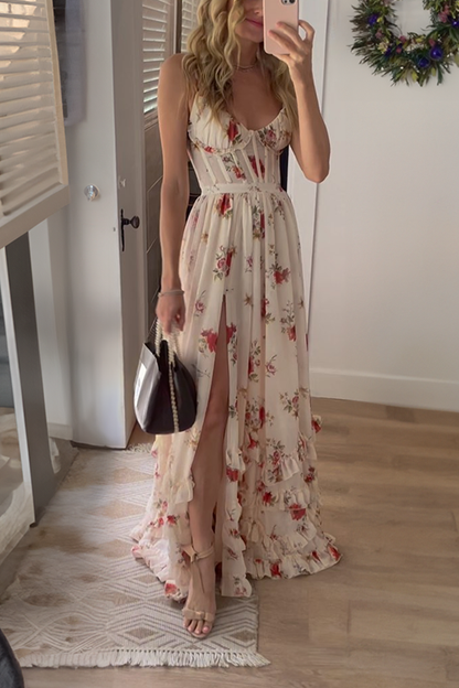 Margovil Spaghetti Strap Ruffle Layered Slit Dainty Floral Maxi Dress