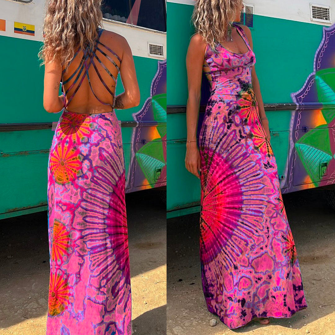 Criss Cross Backless Tie Dye Maxi Cami Dress