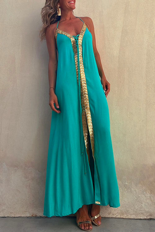 Margovil V Neck Backless Sequin Detailed Slit Maxi Cami Dress