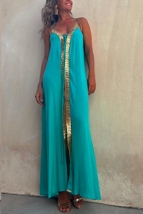 Margovil V Neck Backless Sequin Detailed Cami Maxi Dress