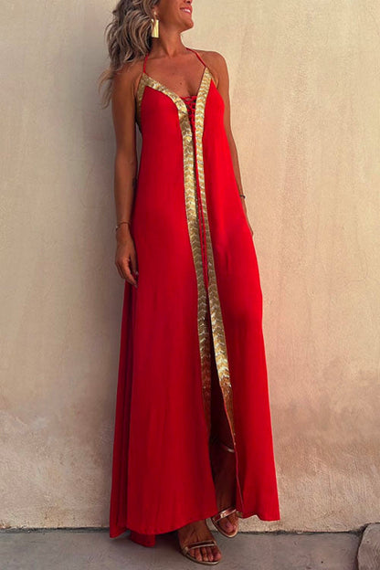 Margovil V Neck Backless Sequin Detailed Slit Maxi Cami Dress