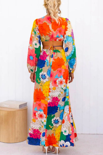 Chic Long Sleeve Cutout Back Waist Floral Print Maxi Dress