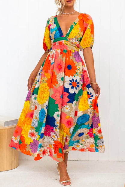 Chic V Neck Short Sleeve Floral Print Maxi Dress