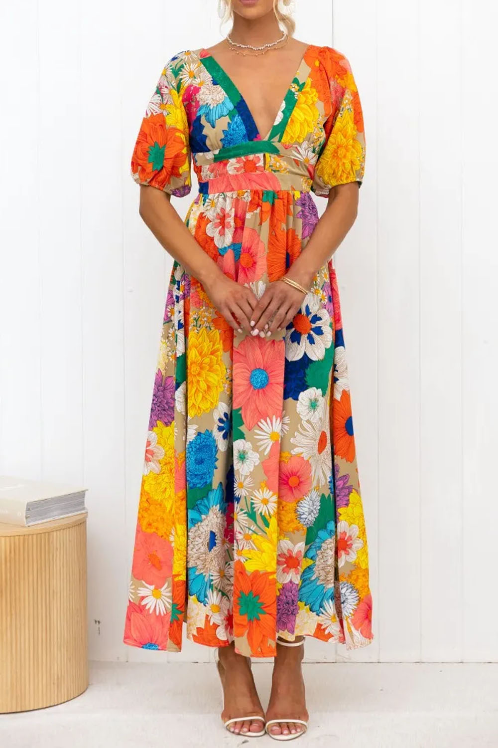 Chic V Neck Short Sleeve Floral Print Maxi Dress