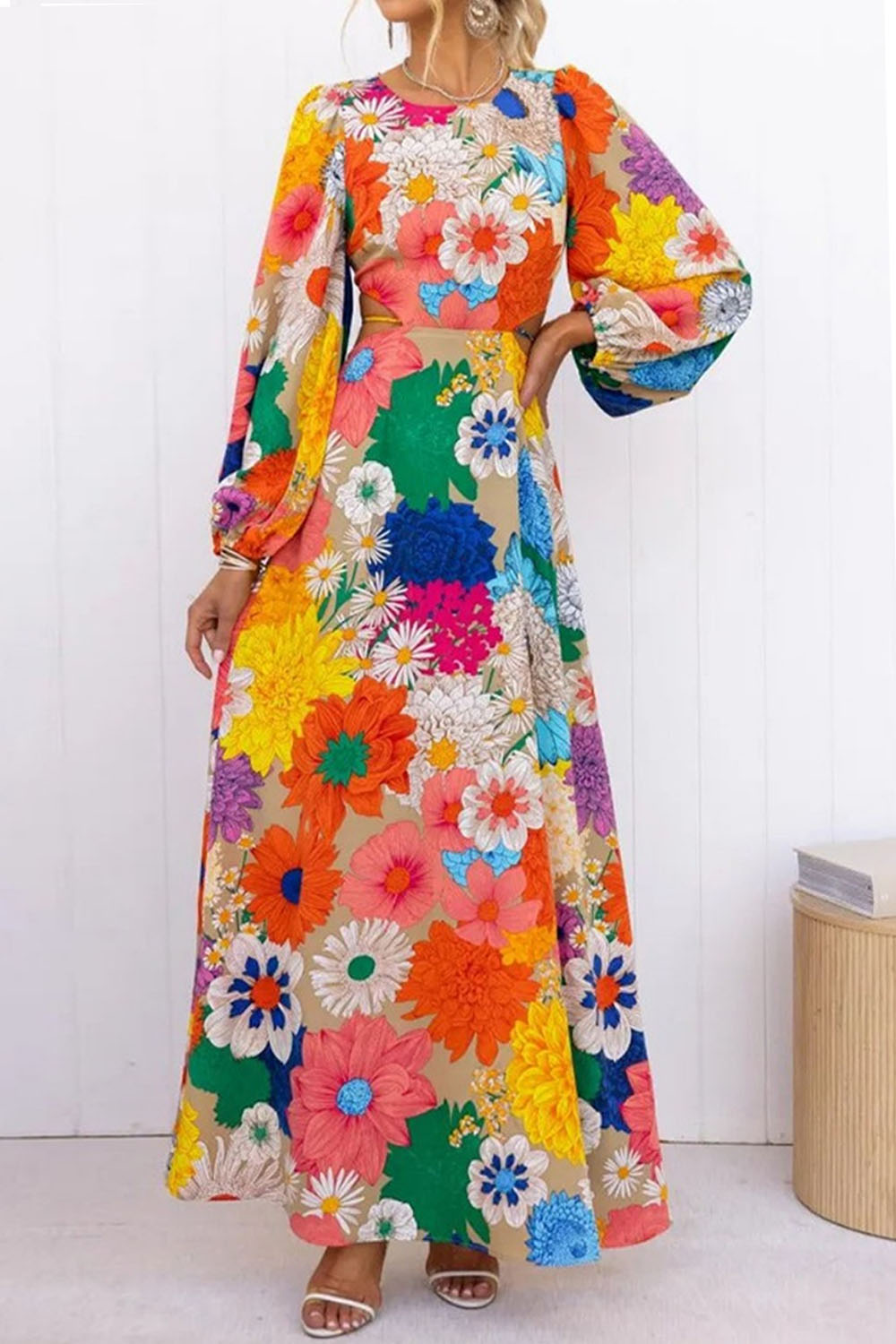 Chic Long Sleeve Cutout Back Waist Floral Print Maxi Dress