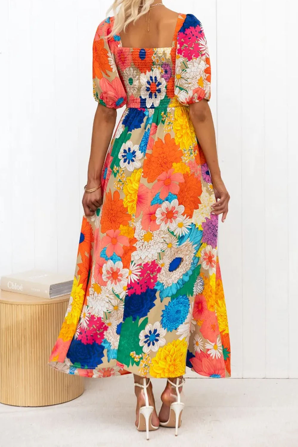 Chic V Neck Short Sleeve Floral Print Maxi Dress