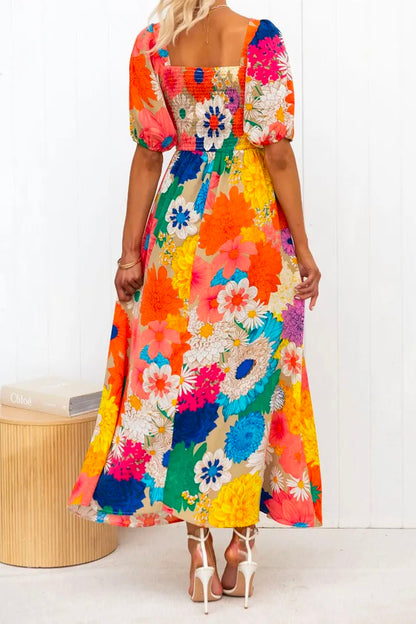 Chic V Neck Short Sleeve Floral Print Maxi Dress