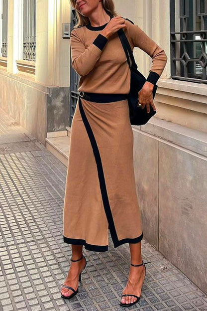 Chicest O Neck Long Sleeves Patchwork Sweater+Wrap Skirt Set