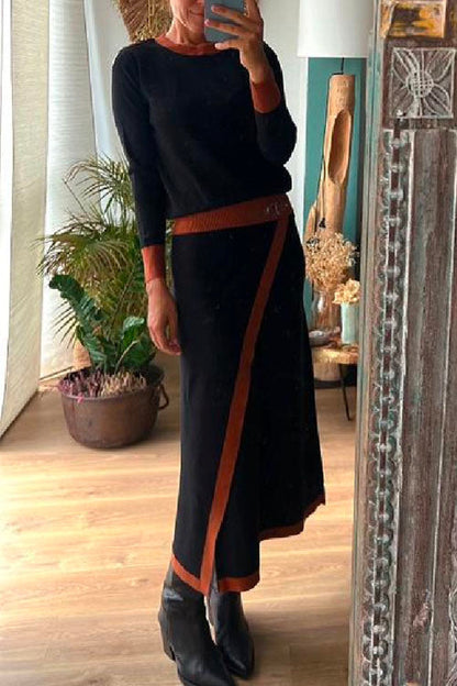 Chicest O Neck Long Sleeves Patchwork Sweater+Wrap Skirt Set