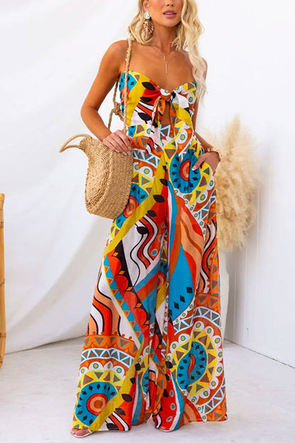 Spaghetti Strap Tie Knot Front Wide Leg Printed Jumpsuit