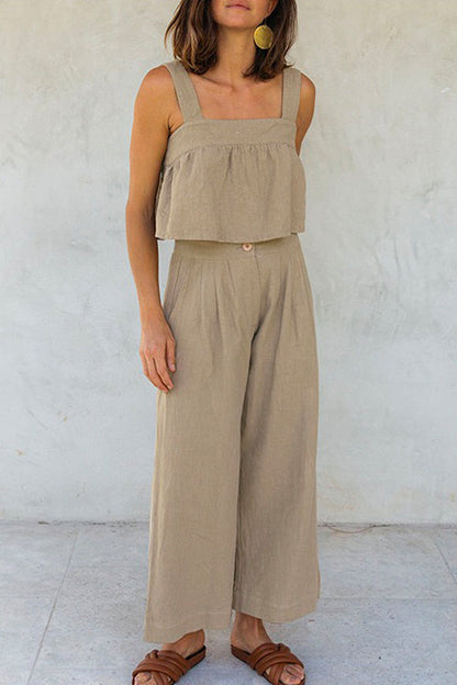 Margovil Square Collar Crop Tank Top Wide Leg Pants Cotton Linen Set