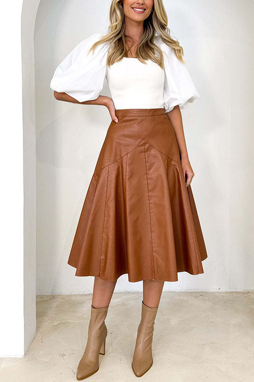 Margovil High Waist Faux Leather A-line Flare Midi Skirt