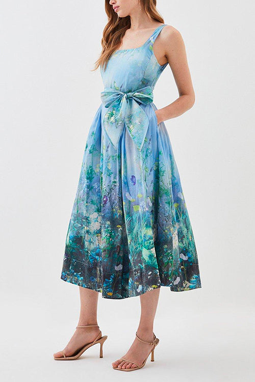 Bow Knot Waist Scenic Floral Swing Midi Cami Dress