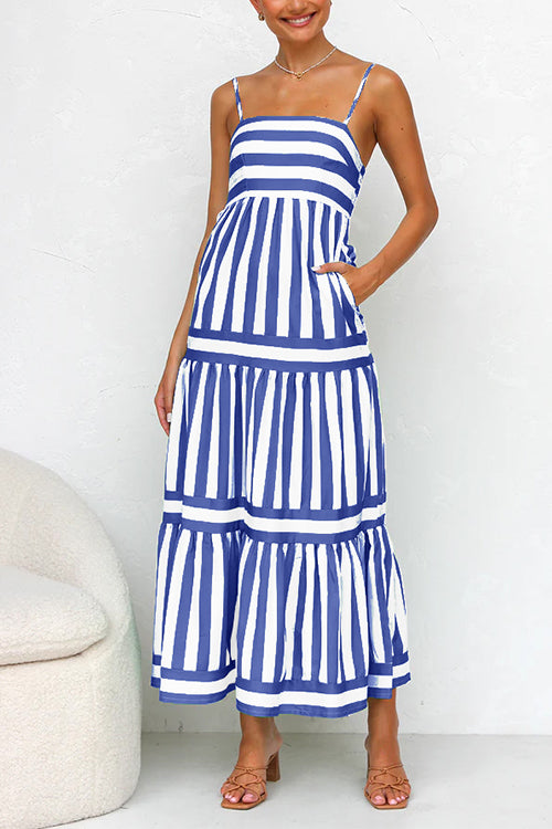 Margovil Spaghetti Strap Tiered Color Block Striped Maxi Dress