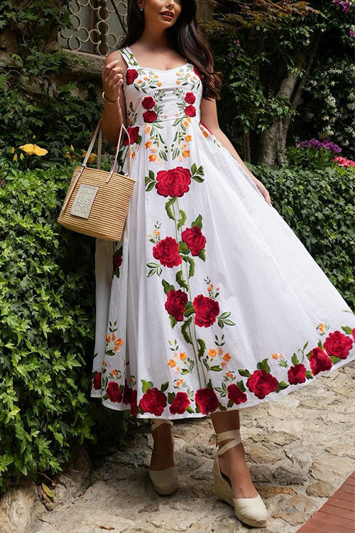 Sleeveless High Waist Rose Print Midi Swing Dress