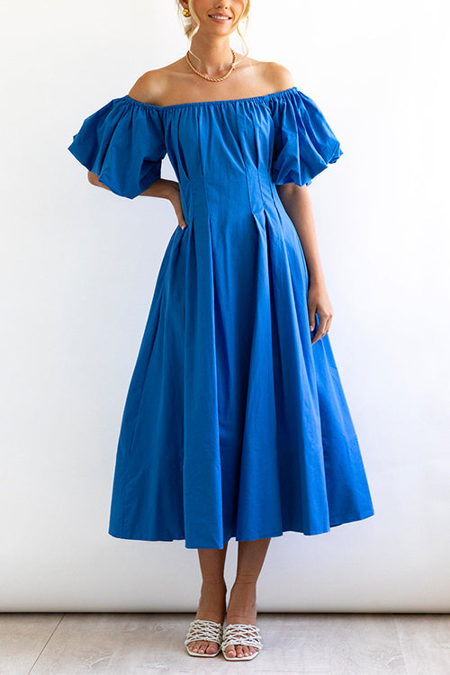 Margovil Off Shoulder Puff Sleeves High Waist Maxi Swing Dress