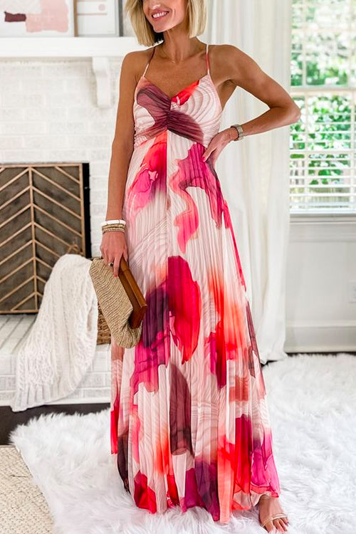 Spaghetti Strap Print Pleated Flowy Maxi Dress