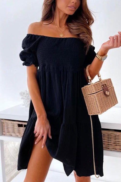 Margovil Off Shoulder Short Sleeve Smocked Ruffle Swing Dress