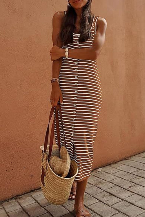 Margovil U Neck Button Down Striped Midi Tank Dress