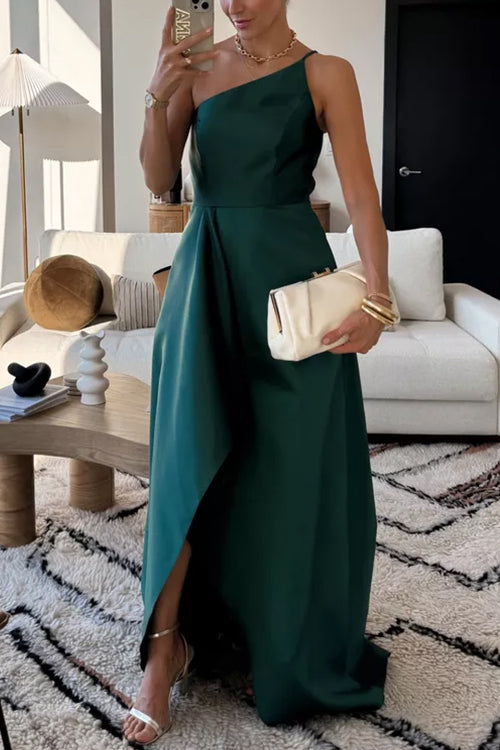 One Shoulder Waisted Slit Satin Maxi Party Dress