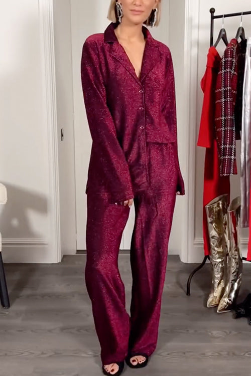 Ensemble pyjama scintillant à manches longues et boutons pour Noël avec pantalon à jambe large 