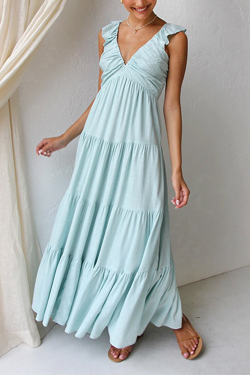 Margovil V Neck Ruffle Trim Tiered Sleeveless Linen Maxi Dress