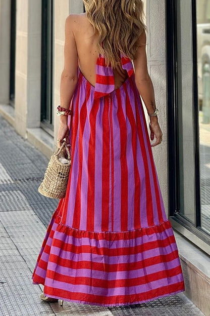 Margovil Halter Neck Open Back Striped Ruffle Maxi Vacation Dress