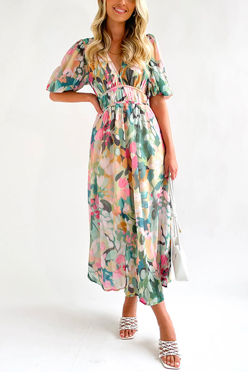 Margovil V Neck Frilled Waist Floral Printed Maxi Swing Dress