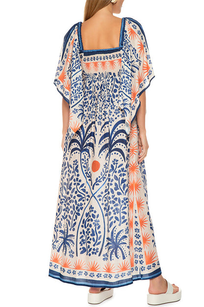 Margovil Square Collar Flutter Sleeves Printed Maxi Vacation Dress