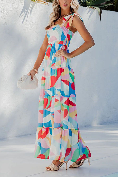 Margovil Bow Shoulder Ruffle Tiered Printed Flowy Maxi Cami Dress