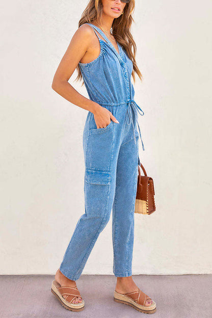 Margovil V Neck Drawstring Waist Sleeveless Denim Overall Jumpsuit