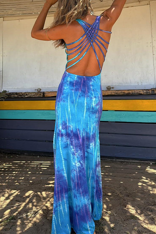 Scoop Neck Backless Criss Cross Tie Dye Maxi Dress