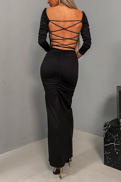 Criss Cross Open Back Slit Ruched Maxi Party Dress