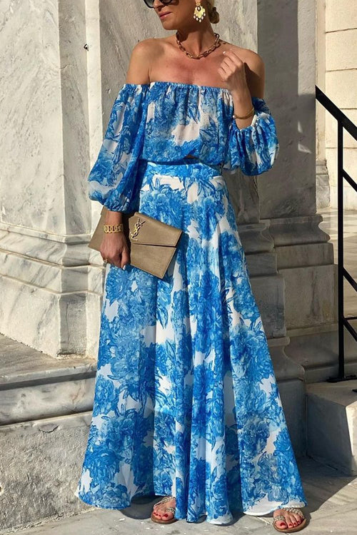 Margovil Off Shoulder Lantern Sleeves Printed Flowy Maxi Dress