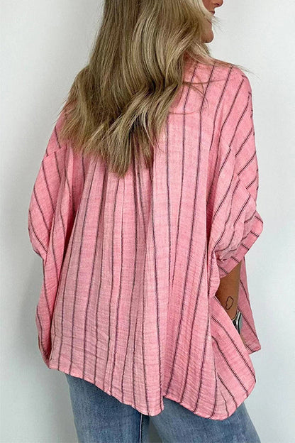 Margovil Oversized Button Down Batwing Sleeves Striped Shirt