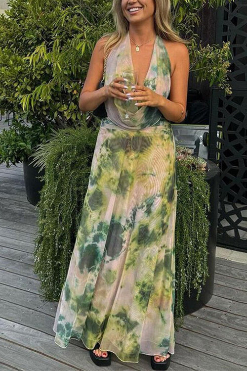 Margovil Deep V Neck Sleeveless Printed Flowy Maxi Dress