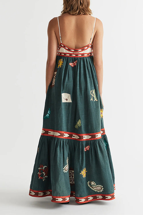 Margovil Spaghetti Strap Backless Printed Swing Maxi Sun Dress