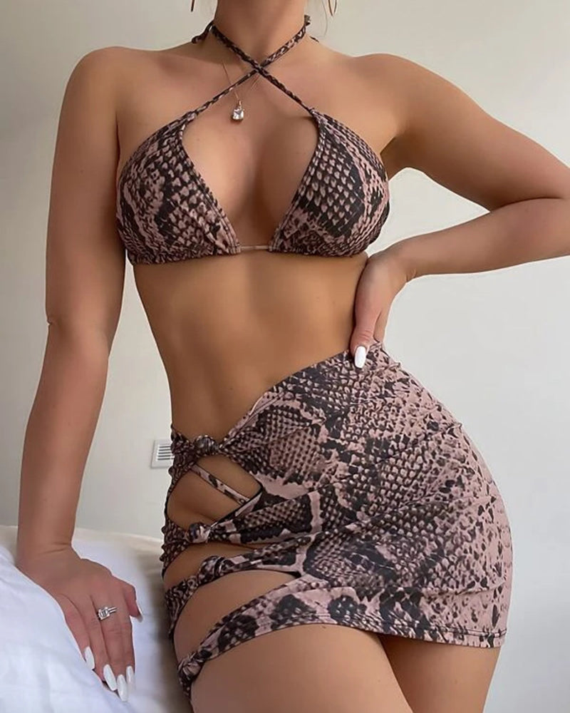 Snakeskin Crossover Lace-Up Three-Piece Swimsuit