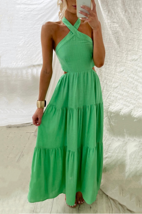 Halter-neck Open Back Tiered Maxi Vacation Dress