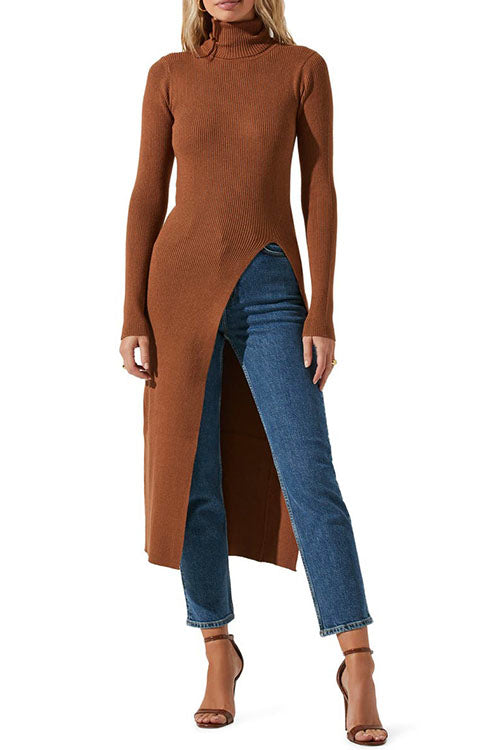 Margo Maillard Turtleneck High Slit Ribbed Knit Dress