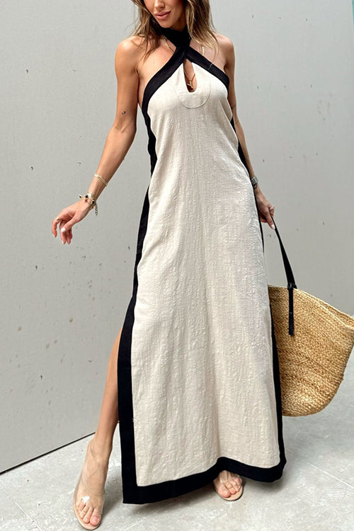 Margovil Halter Backless Side Split Color Block Cotton Linen Maxi Dress