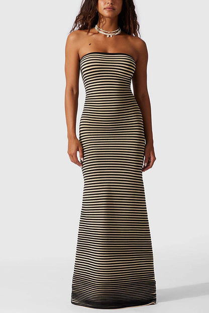 Margovil Strapless Tube Striped Knit Maxi Bodycon Dress