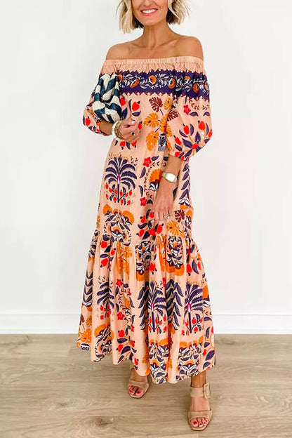 Margovil Off Shoulder Lantern Sleeves Printed Ruffle Maxi Dress