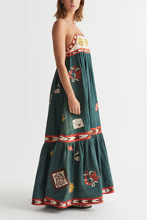 Margovil Spaghetti Strap Backless Printed Swing Maxi Sun Dress