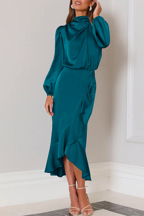 Margovil Mockneck Long Sleeves Waisted Ruffle Mermaid Satin Dress