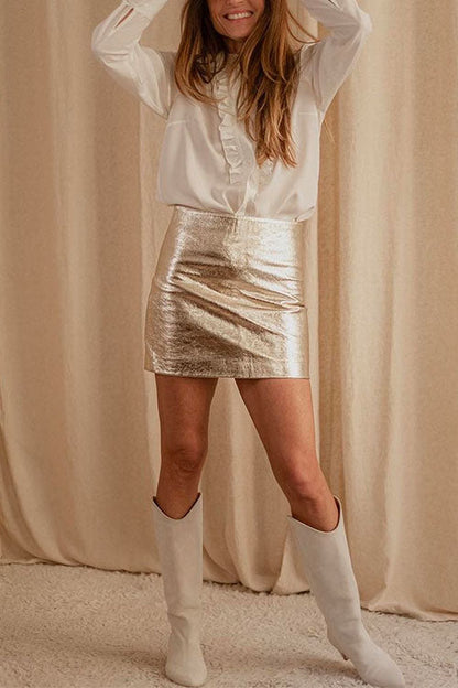 Margovil Solid Faux Leather Glitter Mini Skirt