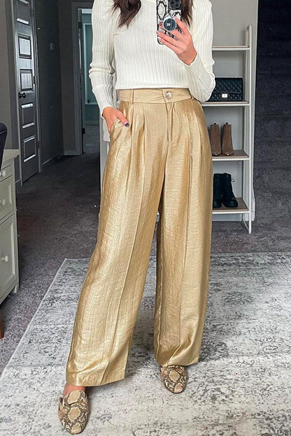 High Waist Wide Leg Pocketed Metallic Pants