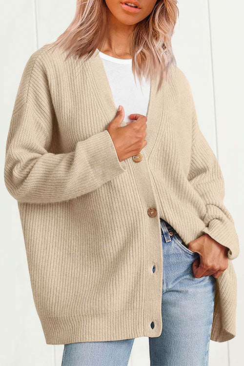 Margovil Button Down V Neck Loose Ribbed Knit Cardigan