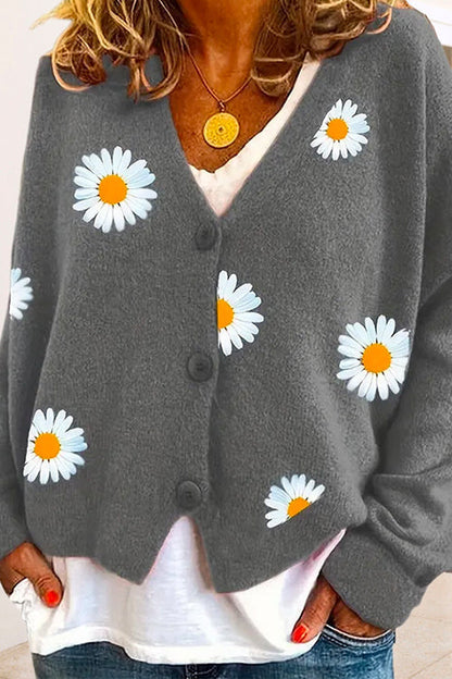 Margovil V Neck Button Up Daisy Embroidery Sweater Cardigan