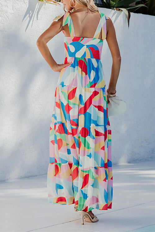 Margovil Bow Shoulder Ruffle Tiered Printed Flowy Maxi Cami Dress